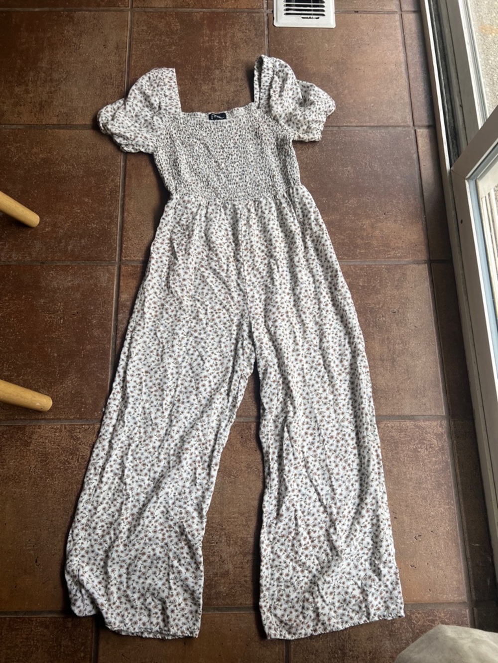 Floral Puff Sleeve Wide Leg Jumpsuit - White with Tiny Floral Print